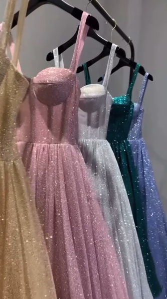 A Line Pink Spaghetti Straps Shinny Long Formal Dress Evening Party Dresses  fg7759
