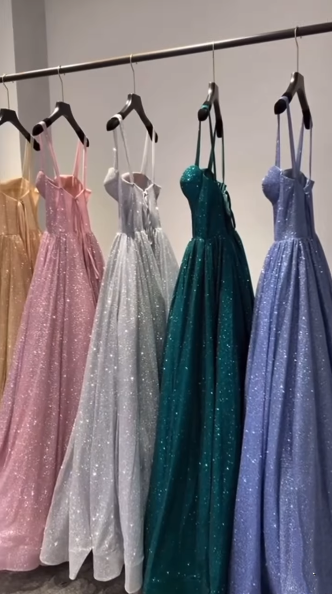A Line Pink Spaghetti Straps Shinny Long Formal Dress Evening Party Dresses  fg7759