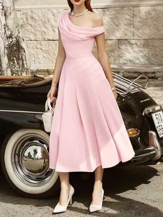 Robe de cocktail trapèze élégante, longueur thé, sans manches, col bénitier, en mousseline, robe de soirée, fg7773