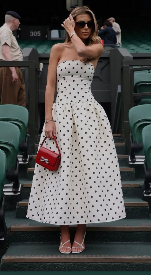 A-Line Strapless Sleeveless Bow Knot Polka Dots Train Prom Dress main image 1