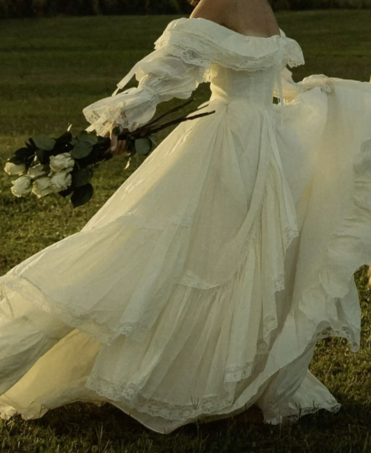 Off The Shoulder Ivory Wedding Dress With Long Sleeves Simple Bride Dress fg8319