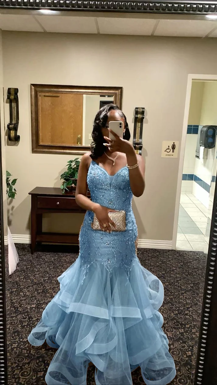 V Neck Mermaid Tulle Prom Dress Beading Evening Dress Graduation Dress fg8425