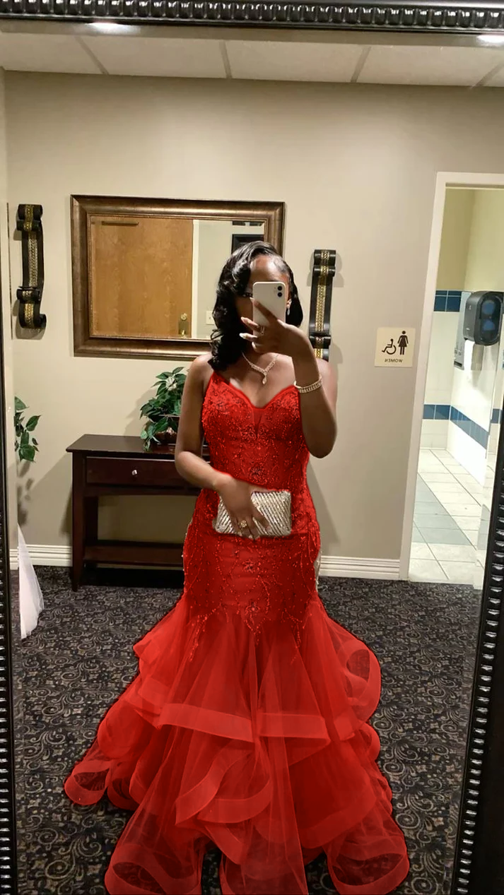 V Neck Mermaid Tulle Prom Dress Beading Evening Dress Graduation Dress fg8425