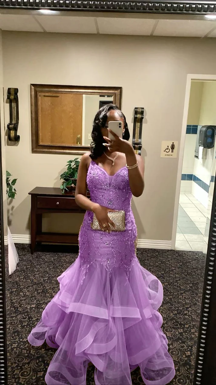 V Neck Mermaid Tulle Prom Dress Beading Evening Dress Graduation Dress fg8425