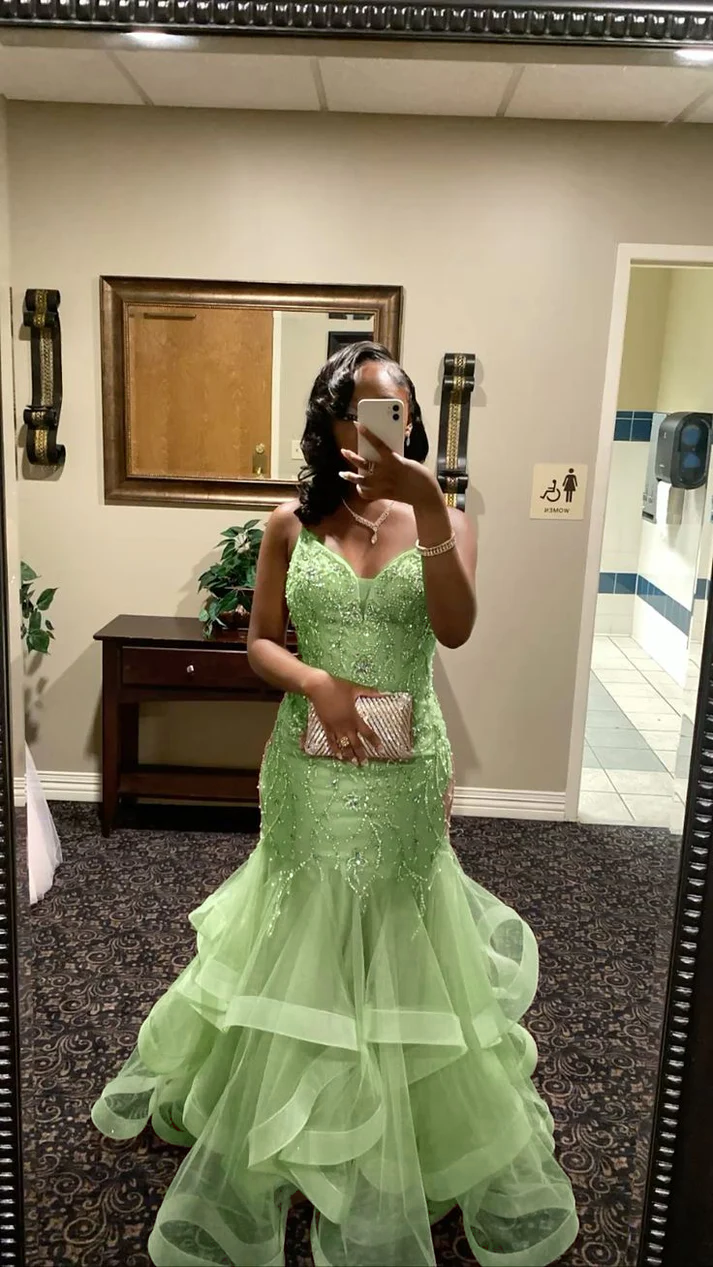 V Neck Mermaid Tulle Prom Dress Beading Evening Dress Graduation Dress fg8425