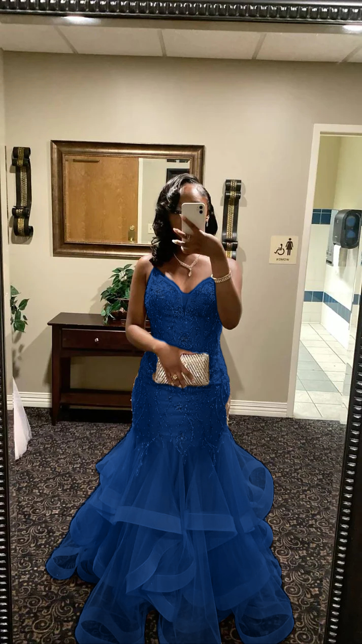 V Neck Mermaid Tulle Prom Dress Beading Evening Dress Graduation Dress fg8425