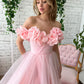 Pink Floral Prom Dresses, Off The Shoulder Evening Gown, Tulle Long Prom Dress  fg4679