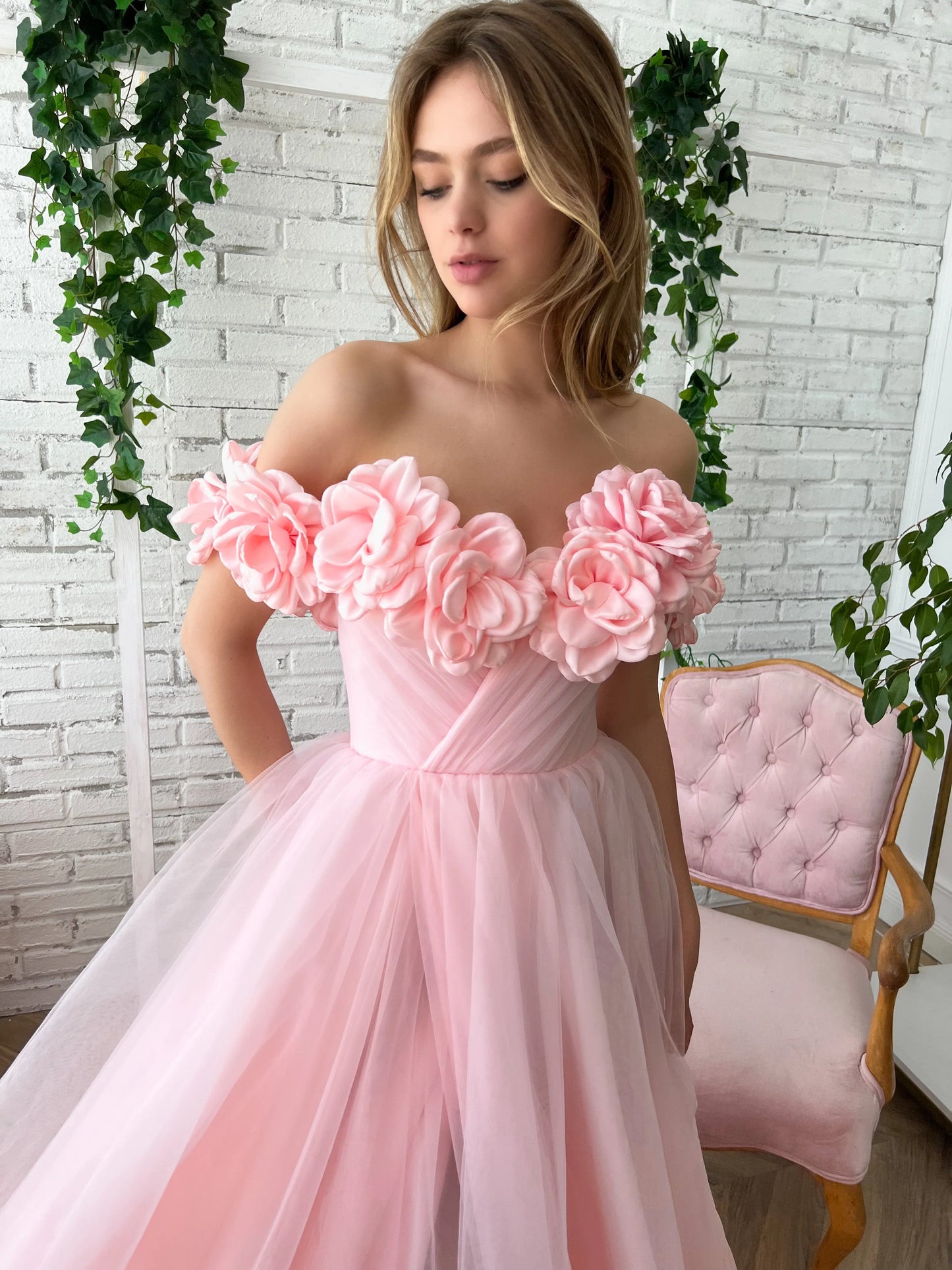 Pink Floral Prom Dresses, Off The Shoulder Evening Gown, Tulle Long Pr –  formalgowns