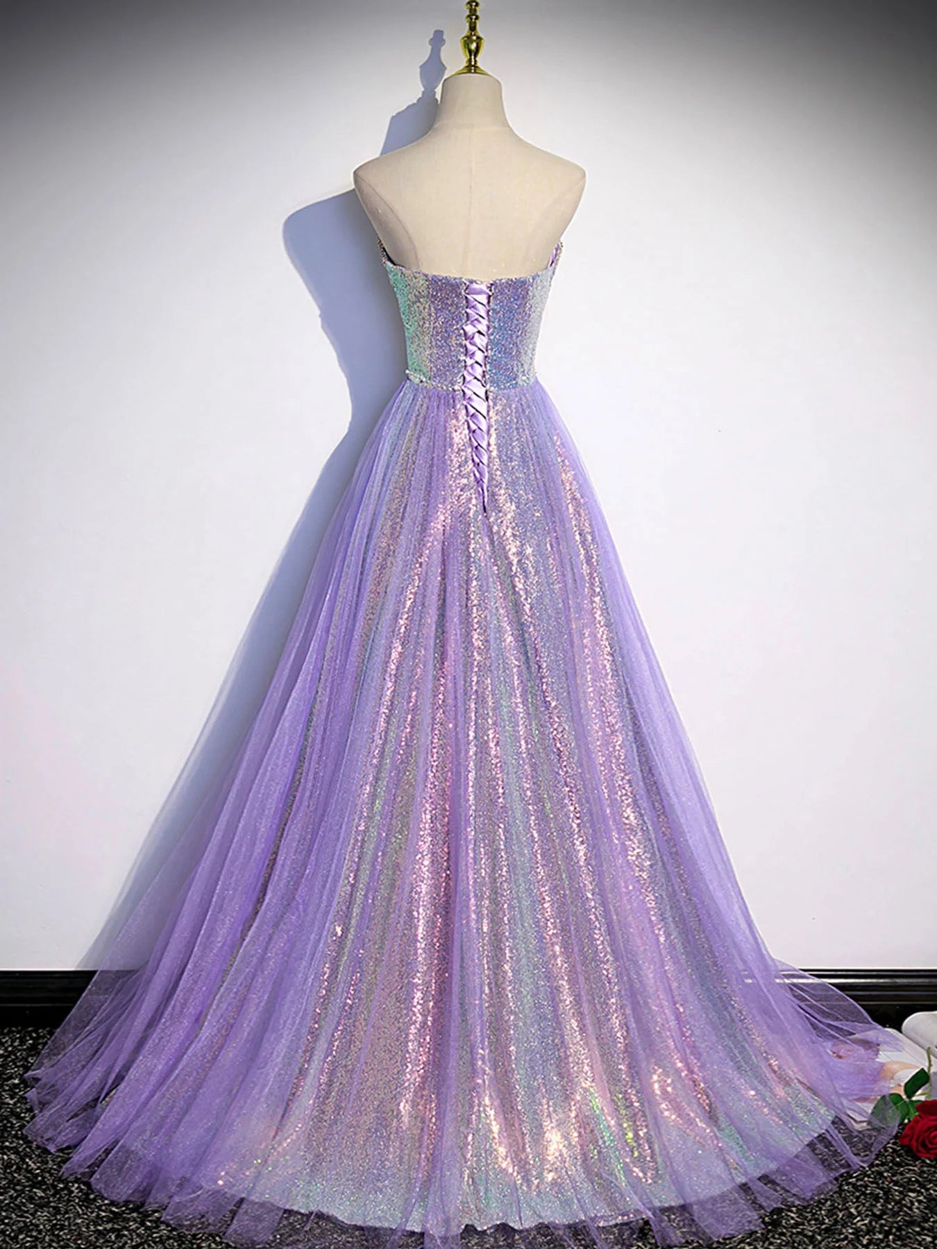 A line Purple Sweetheart Neck Tulle Long Prom Dress, Purple Evening Dr
