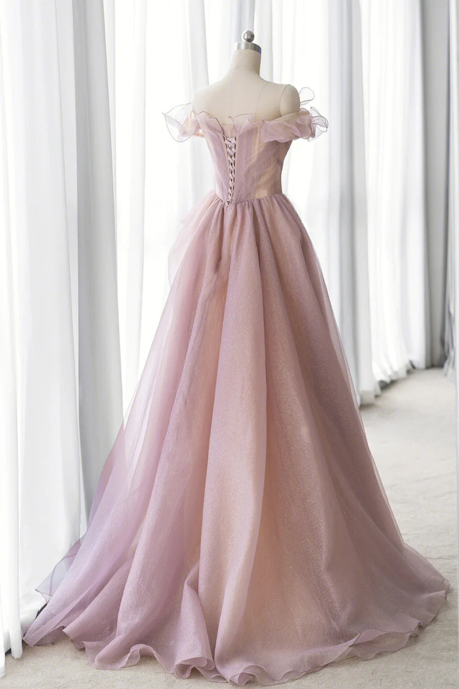 Pink Tulle Long A-line Prom Dress, Lovely Off the Shoulder Evening Dress      fg4311