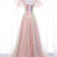 Pink Tulle Sequins Long Prom Dress, Cute Short Sleeve Evening Dress     fg4122