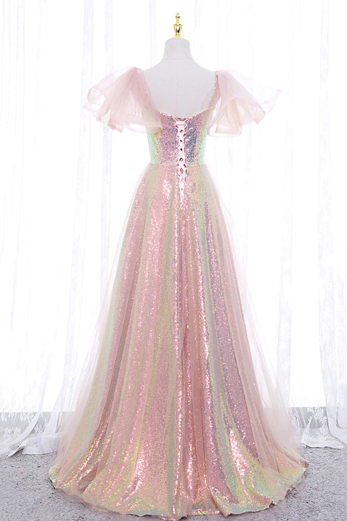 Pink Tulle Sequins Long Prom Dress, Cute Short Sleeve Evening Dress     fg4122