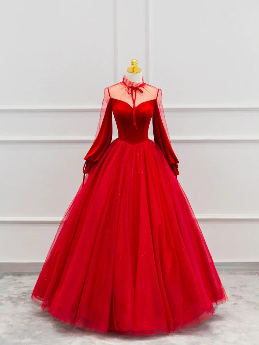 Red Velvet Tulle Floor Length Prom Dress, Beautiful Long Sleeve Evenin formalgowns Red Velvet Tulle Floor Length Prom Dress, Beautiful Long Sleeve Evenin formalgowns