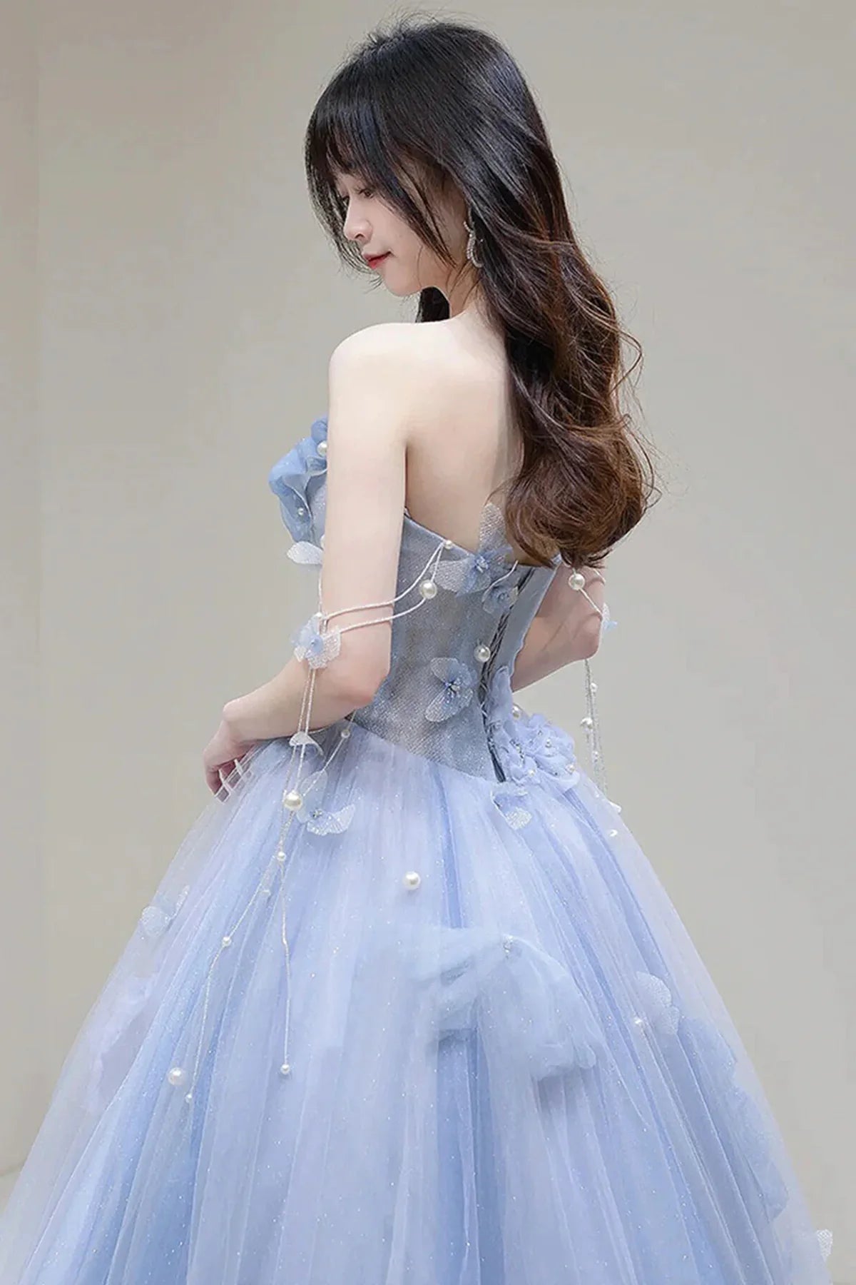 A Line Blue Tulle Long Prom Dress, Strapless Long Blue Beaded Tulle Formal Evening Dresses      fg4442