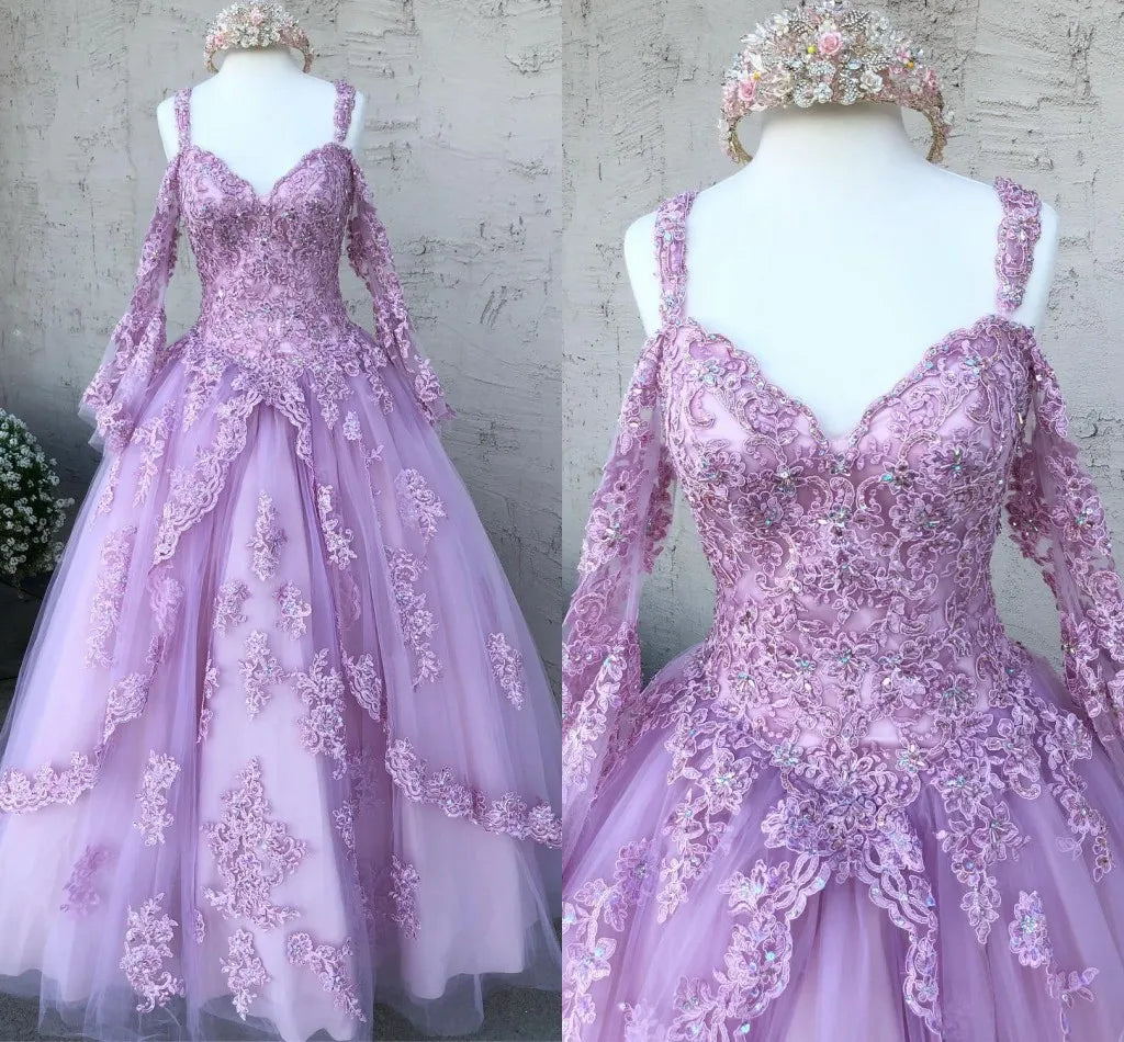 Robe de bal à manches longues, en dentelle, avec appliques et perles, épaules dénudées, corset au dos, robe de bal pour les 16 ans, fg4071