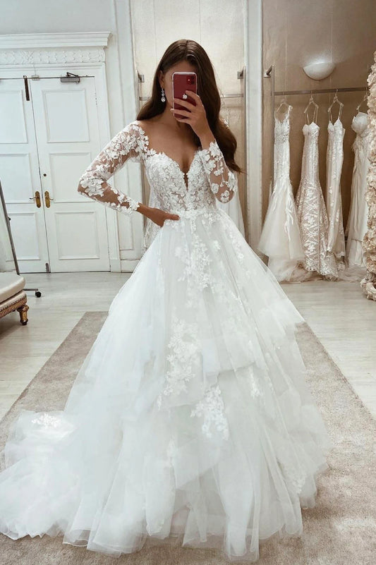 White Lace Long Sleeve Prom Dresses, A-Line Formal Evening Gown      fg4281