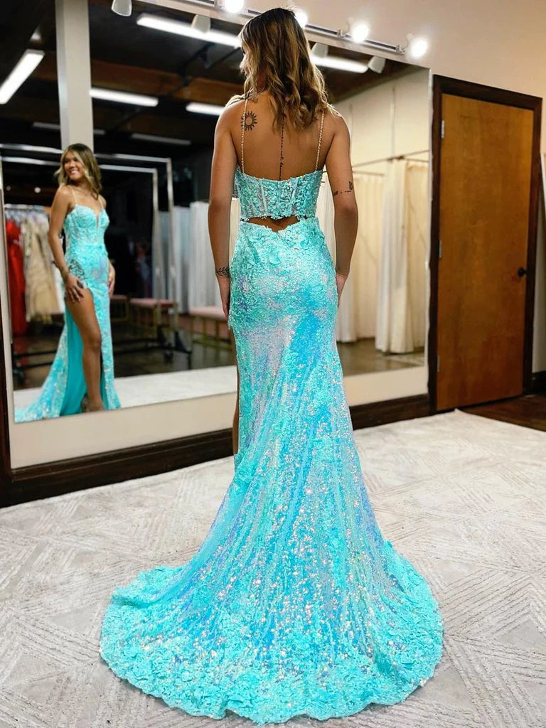 Mermaid / Trumpet Prom Dresses High Split Dress Formal Court Train Sleeveless V Neck Sequined with Slit Appliques      fg4291