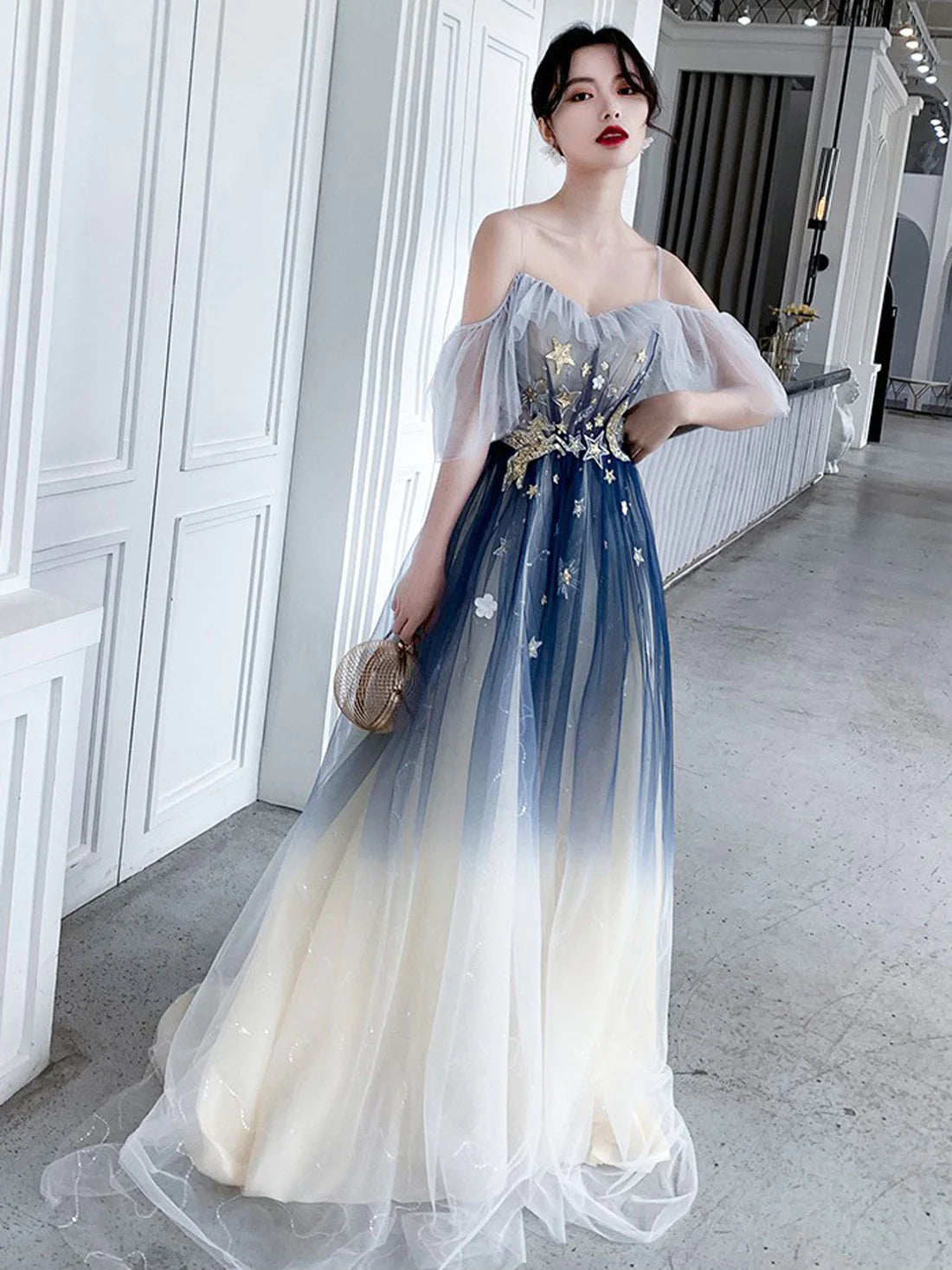 Blue Aline tulle long prom dress blue tulle formal dress     fg4007