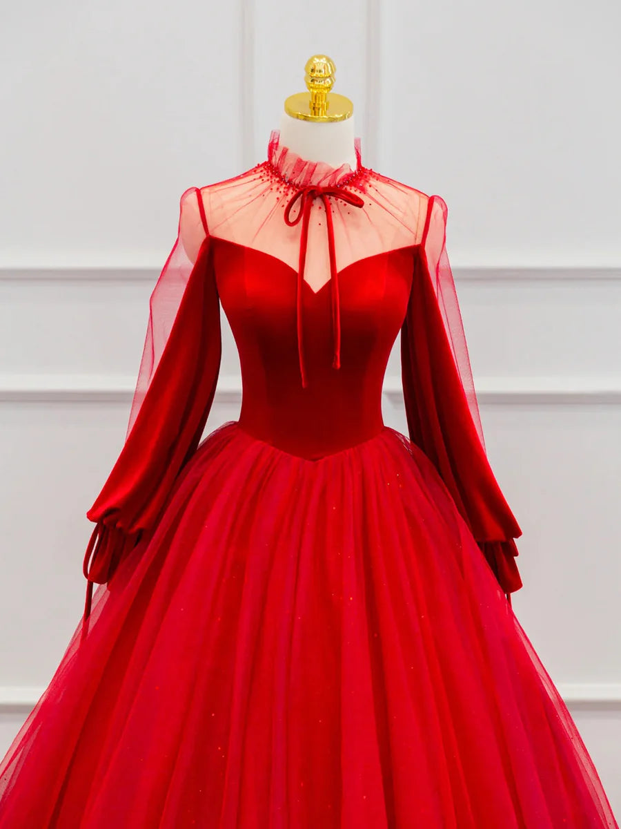 Red Velvet Tulle Floor Length Prom Dress, Beautiful Long Sleeve Evening Party Dress fg4355 Red Velvet Tulle Floor Length Prom Dress, Beautiful Long Sleeve Evening Party Dress fg4355