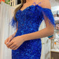 Off The Shoulder Lace Appliques Long Prom Dress with Feathers      fg4196