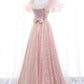 Pink Tulle Sequins Long Prom Dress, Cute Short Sleeve Evening Dress     fg4122