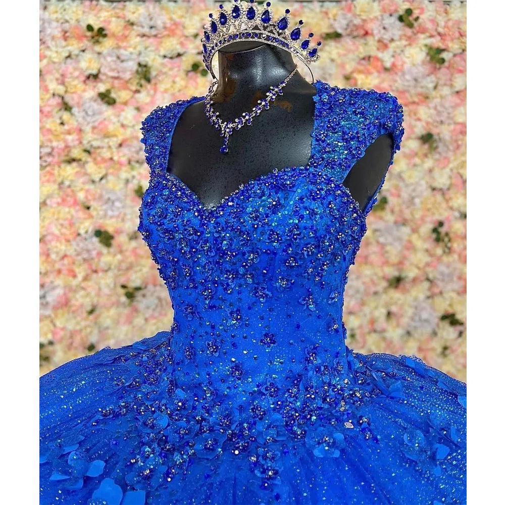 Royal Blue Quinceanera Dresses with 3D Floral Applique Off Shoulder Lace-up Corset Back prom Sweet 16 Dress        fg4292