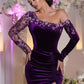 Purple Elegant Velvet One-Shoulder Lace Side-Slit Mermaid Long Bridesmaid Dress Prom Dress      fg3851