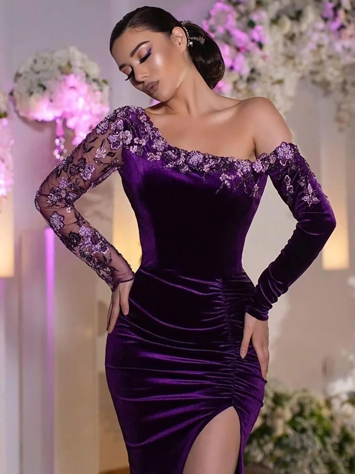 Purple Elegant Velvet One-Shoulder Lace Side-Slit Mermaid Long Bridesmaid Dress Prom Dress      fg3851