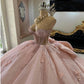 Pink Quinceanera Dress Sweet 15 16 Bow Beaded 3D Floral Glitter Ball Gown Quinceanera Dresses