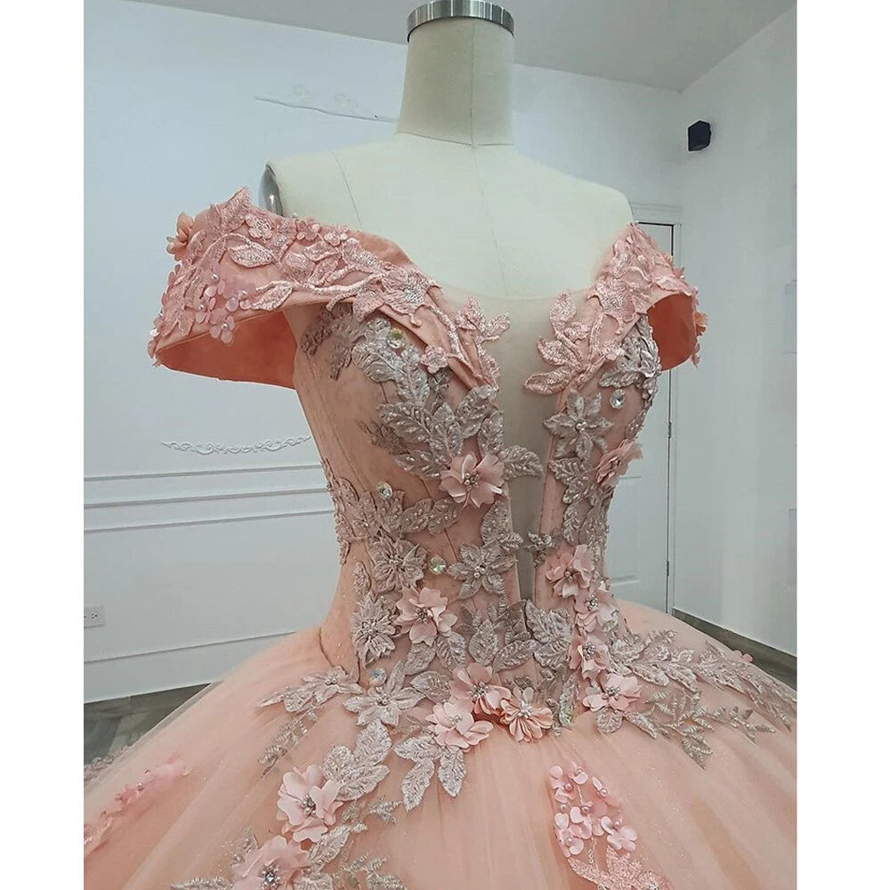 Pink Quinceanera Dress Sweet 16 Beaded Off-Shoulder 3D Floral Ball Gown Quinceanera Dresses