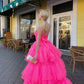 Hot Pink High Low Tulle Long Prom Dresses, Hot Pink High Low Formal Graduation Dresses     fg3179