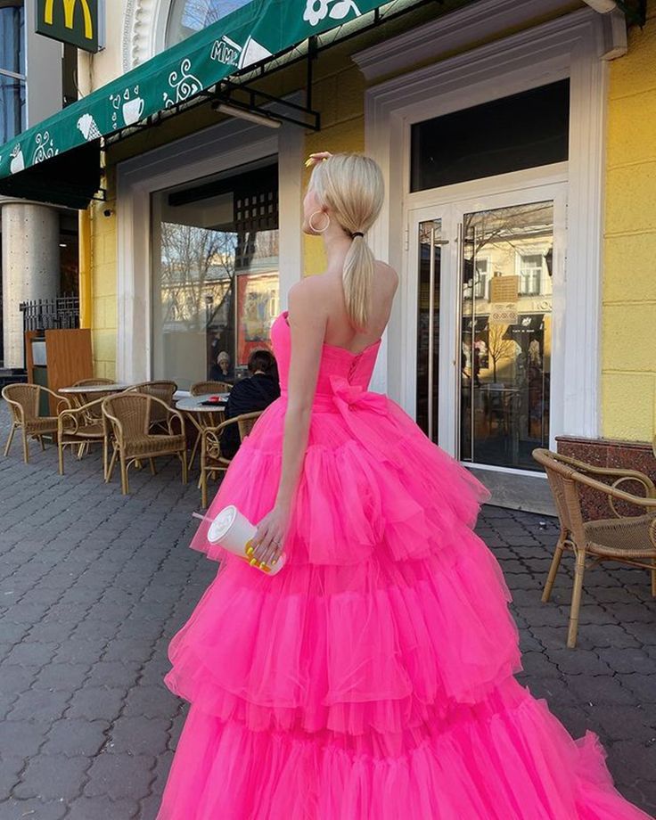 Hot Pink High Low Tulle Long Prom Dresses, Hot Pink High Low Formal Graduation Dresses     fg3179