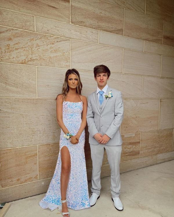 Sparkly Mermaid Scoop Neck White Sequins Long Prom Dresses with Slit     fg3182