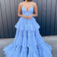 V Neck Layers Tulle Long Ball Gown,A Line Spaghetti Strap Evening Dresses    fg3211