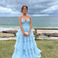 V Neck Layers Tulle Long Ball Gown,A Line Spaghetti Strap Evening Dresses    fg3211
