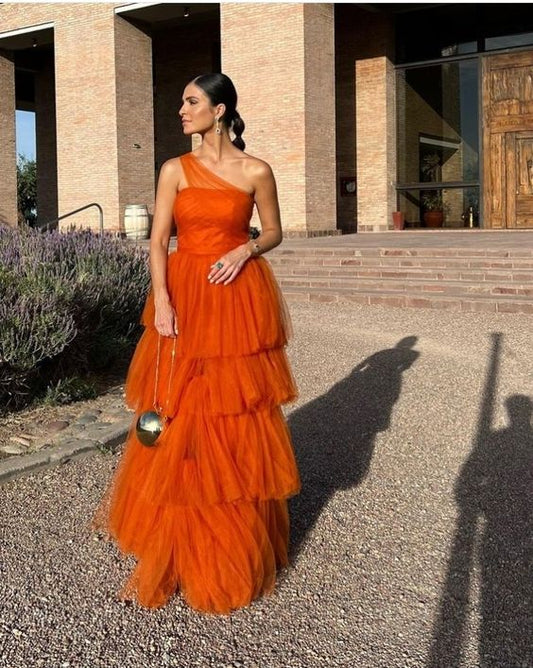 Orange Layers Tulle Long A Line Prom Dress Evening Dresses    fg3214