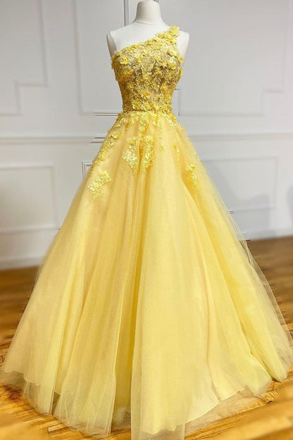 Yellow Lace One Shoulder Evening Dress, A-Line Tulle Long Prom Dress    fg3197