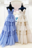V Neck Layers Tulle Long Ball Gown,A Line Spaghetti Strap Evening Dresses