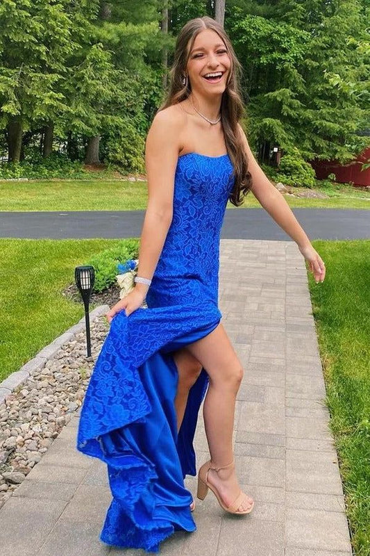 Lace Strapless Royal Blue Prom Dresses with Slit     fg3169