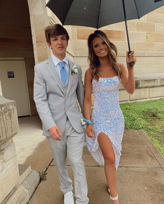 Robe de bal longue à paillettes blanches et col rond, style sirène scintillant, avec fente et fg3182