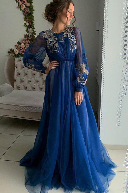 A Line Long Sleeve Tulle Appliques Prom Dresses, Long Evening Dress     fg3172