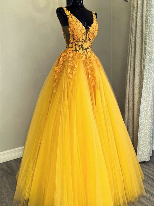 Beautiful Yellow V-neckline Low Back Tulle with Lace Long Party Dresses, A-line Tulle Prom Dresses     fg3196