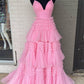 V Neck Layers Tulle Long Ball Gown,A Line Spaghetti Strap Evening Dresses    fg3211