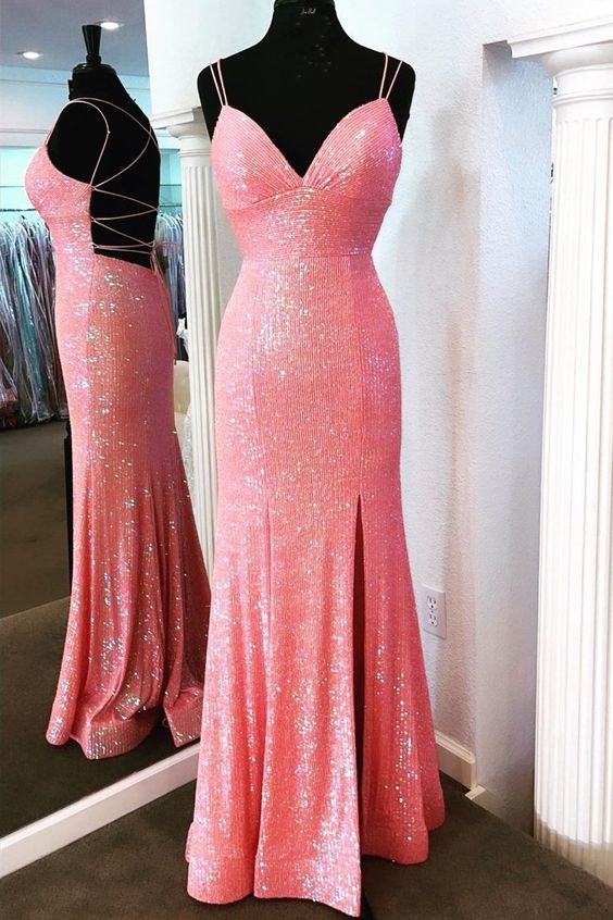 Long Pink Sparkle Sequins Prom Dresses Formal Evening Gowns      fg3156