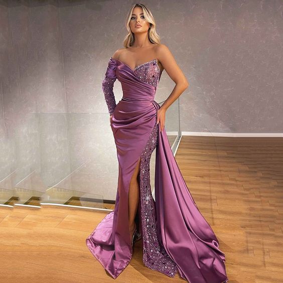 New 2023 Sexy Ladies One Shoulder Sleeve Sequin Prom Evening Dress Mermaid Tail Side Slit Formal Party prom dress     fg3045