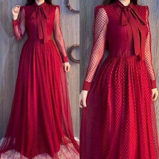 Red prom dresses long sleeve a line evening dresses    fg2920