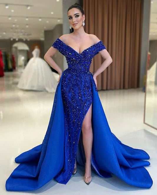Elegant Off The Shoulder Blue Evening Dress    fg2641