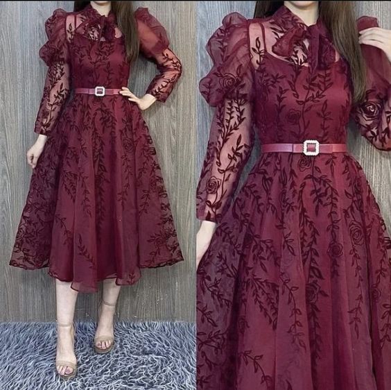 Burgundy A line tulle lace prom dress tulle party dress     fg2906