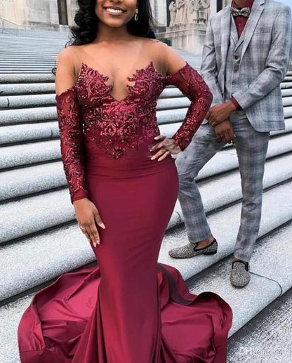 2023 Mermaid Burgundy Long Sleeves Stretchy Long With Appliques Prom D formalgowns 2023 Mermaid Burgundy Long Sleeves Stretchy Long With Appliques Prom D formalgowns