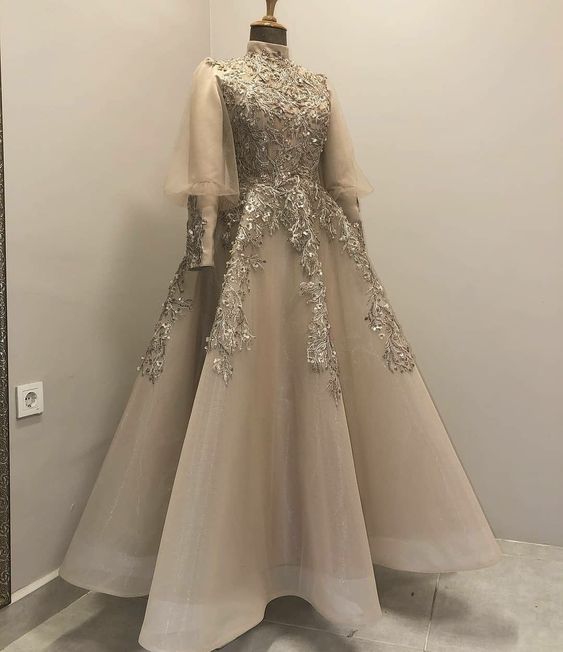champagne prom dresses long sleeve Champagne prom dresses high neck long sleeve a line evening dresses fg –  formalgowns